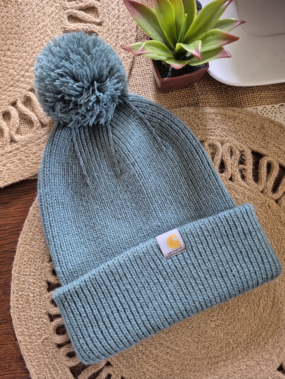 ❤️‍🔥 Carhartt Women's OS Knit Pom Cuffed  Teal Sage Green Beanie Hat
